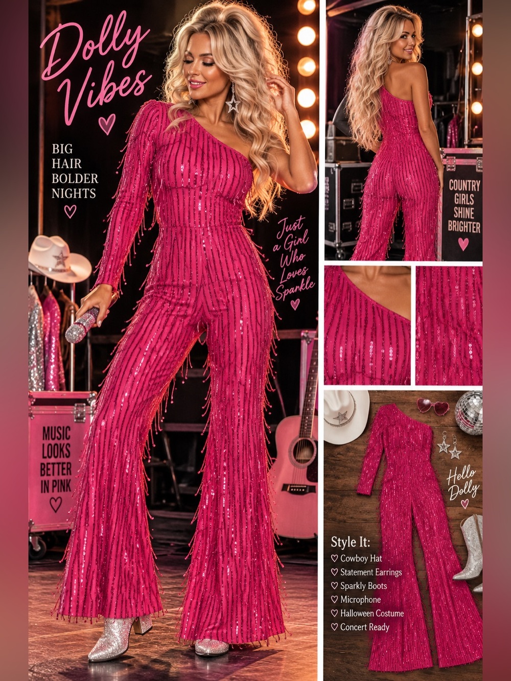 Hot Pink Sequin Fringe One-Shoulder Jumpsuit - 1179-1183